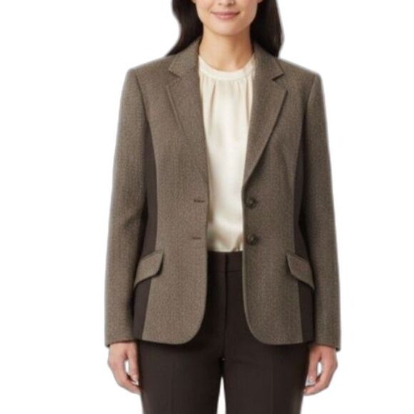 Coldwater Creek NWOT Brown Knit Panel Wool Herringbone Tweed Blazer Size 16 - Picture 1 of 14